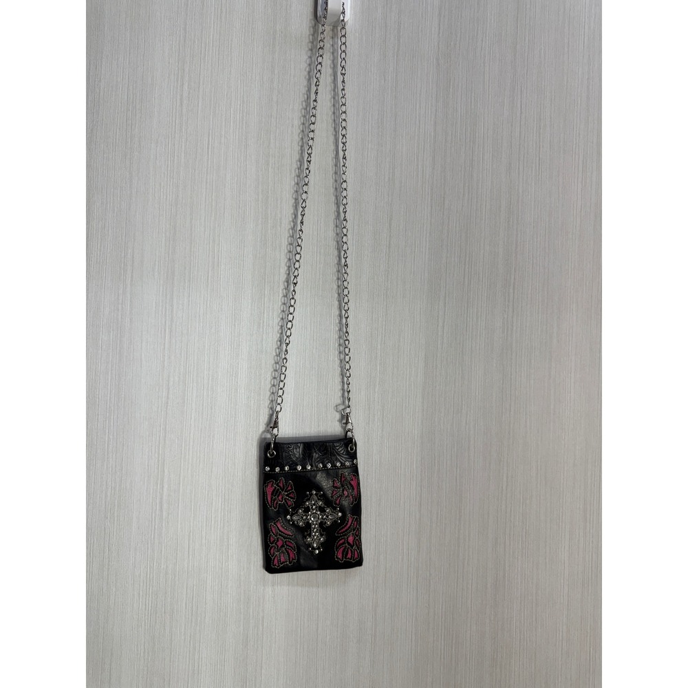 Western Black Pink Floral Cross Rhinestone Crossbody Phone Bag Chain Strap